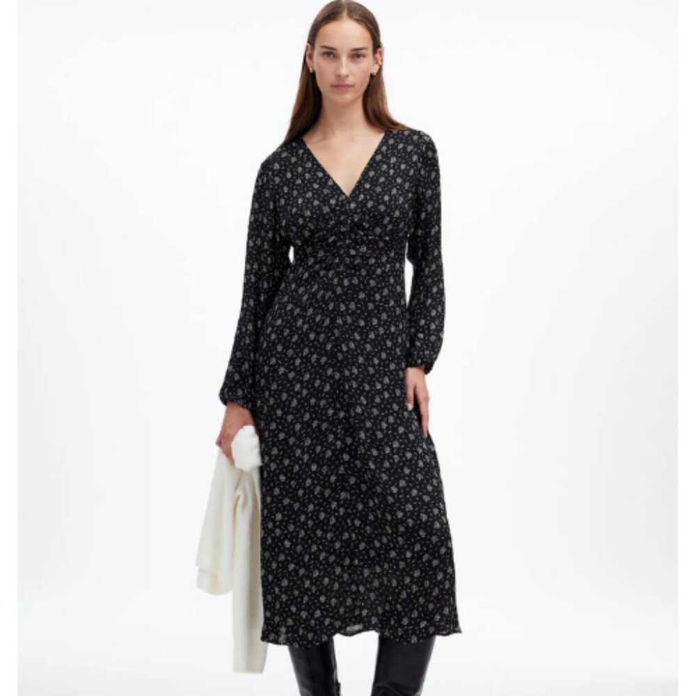 Madewell Ruched Floral Long Sleeve Seersucker Midi Dress